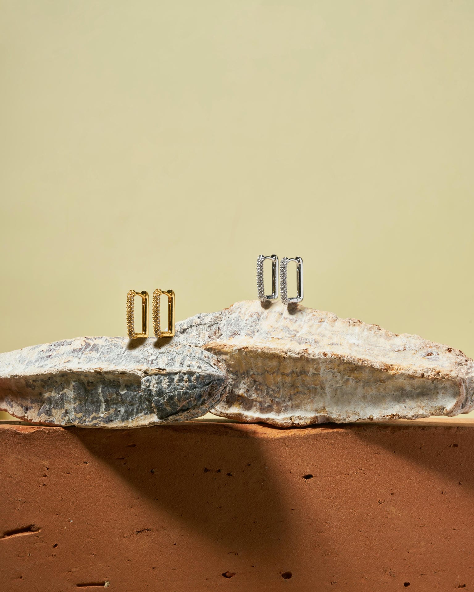 Orecchini dorati e argentati su rocce