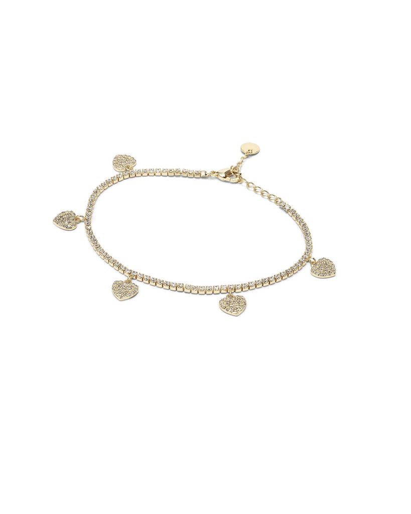 Bracciale dorato con cuori pendenti brillanti